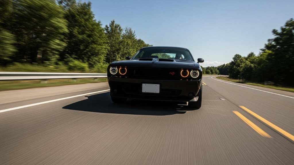 Front view of a black Dodge Challenger muscle car driving fast on a two-lane highway with motion blur and green trees in the background.