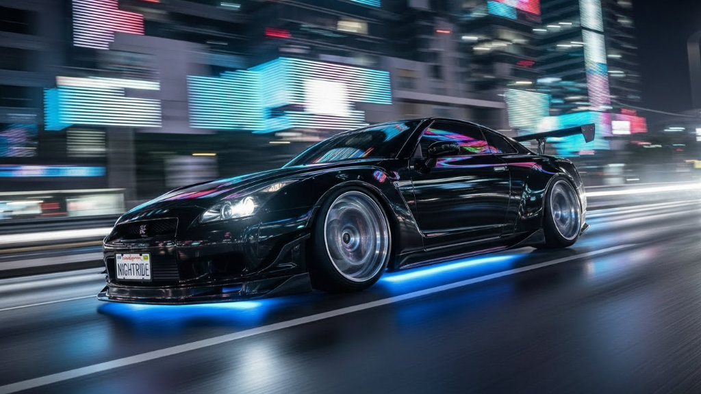 A black modified Nissan GT-R driving through a neon-lit city at night featuring blue LED underglow, a large rear wing, and custom widebody kit.