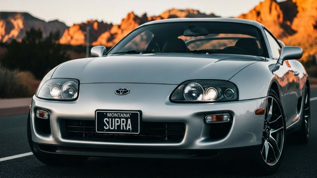 A silver Toyota Supra Mark IV with a Montana license plate parked on a highway during a desert sunset.